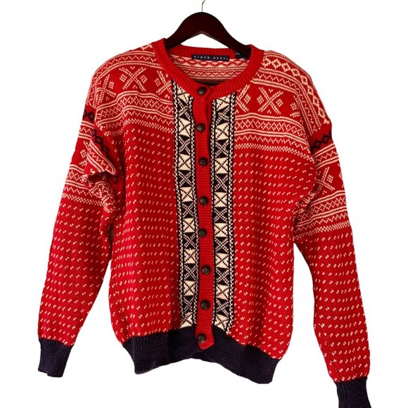 Vintage 80s Birch Brothers Fair Isle Cardigan L Eagles Eye Nordic Sweater Preppy - Picture 1 of 9